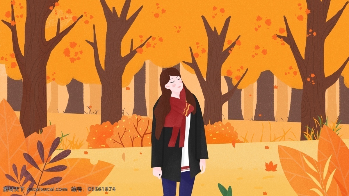 秋天 风景 戴 围巾 女孩 欣赏 落叶 插画 植物 黄色 树 仰望天空 秋季