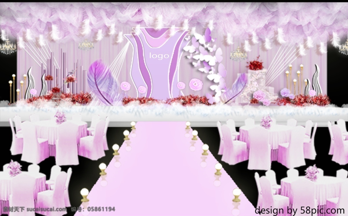 室内设计 粉 紫色 婚礼 主 舞台 效果图 粉紫色婚礼 渐变色婚礼 羽毛 纱幔吊顶 海草 龙珠灯 装饰玫瑰 蝴蝶 线条 布幔 灯泡 跑马灯 水晶灯
