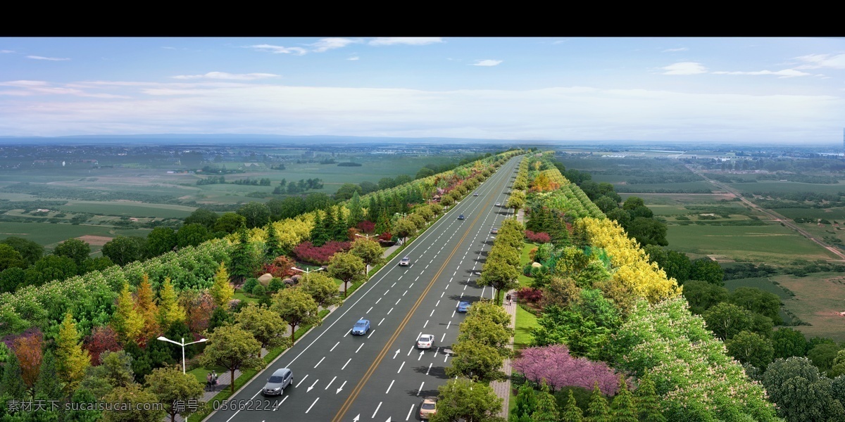 道路景观 鸟瞰 3d效果图 奔驰 宝马 路面 树木 路灯 天空 效果图 3d设计 室外模型 黑色