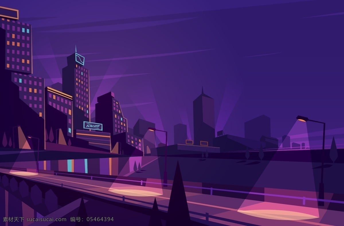 繁华 城市 夜景 插画 唯美 紫色 繁花 灯光 建筑