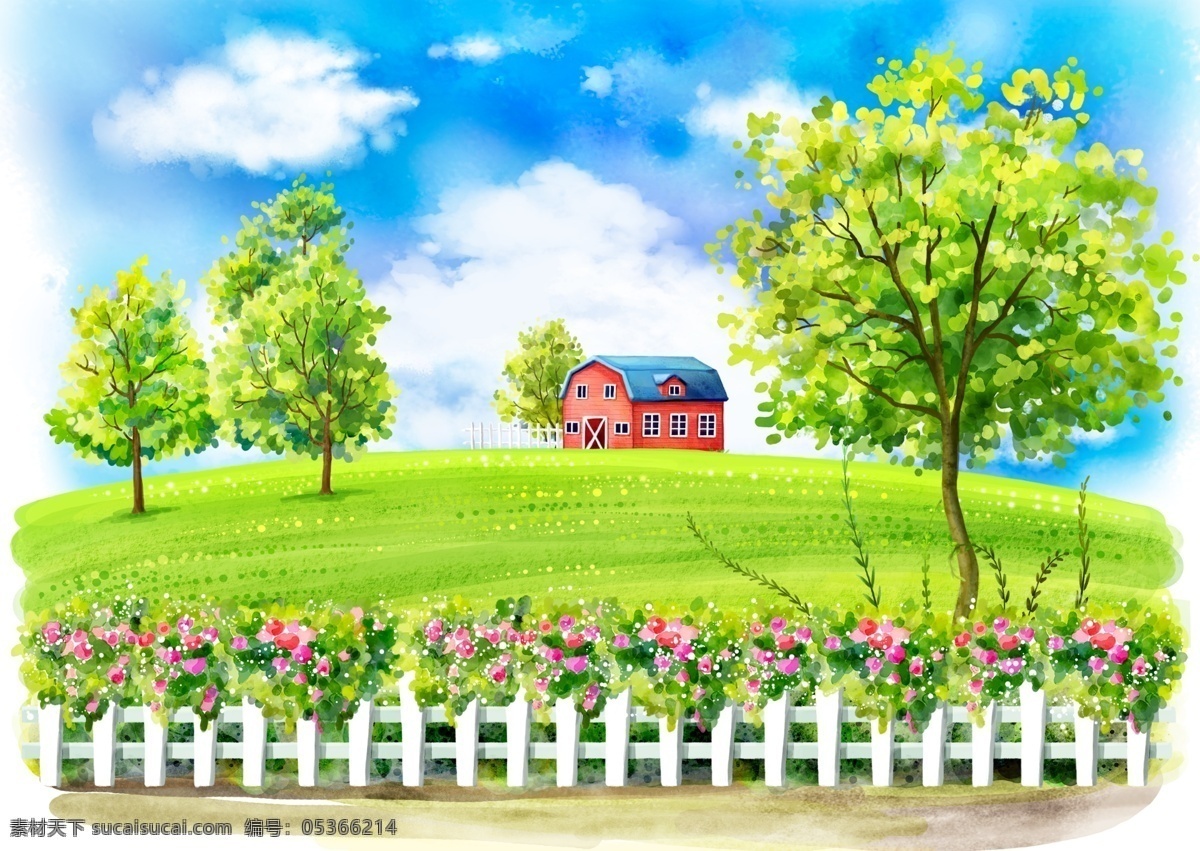绿色温馨背景 温馨背景 幼儿园素材 托儿所素材 房子和草地 绿色背景 唯美背景 分层