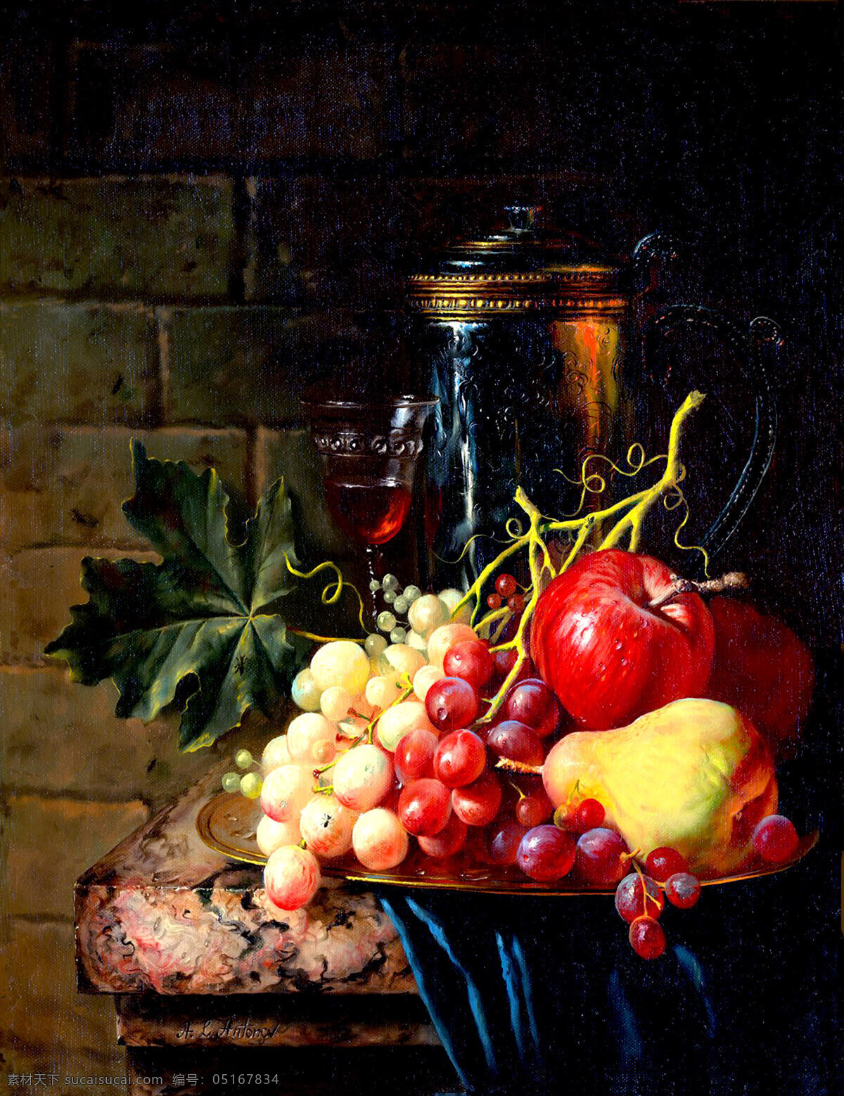水果静物 美术 绘画 油画 现代油画 静物画 水果 瓶子 苹果 葡萄 梨子 果盆 酒杯 油画艺术 油画作品5 绘画书法 文化艺术