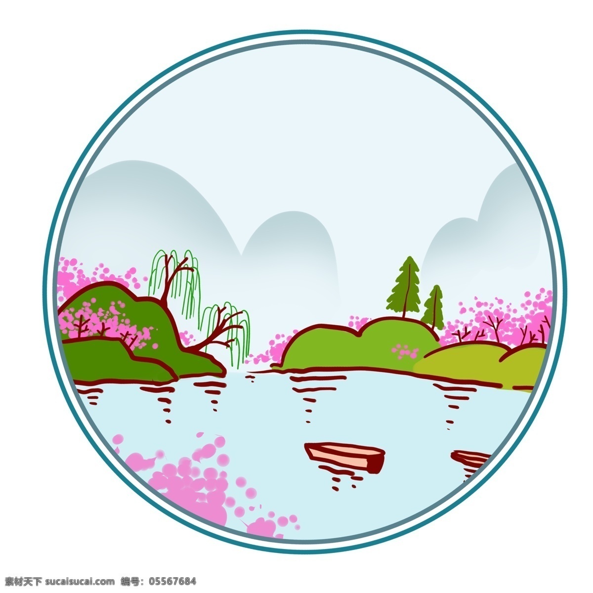 漂亮 小河 手绘 插画 漂亮的小河 粉色的小花 绿色的树木 植物装饰 青青的河水 垂钓的柳树 植树插画
