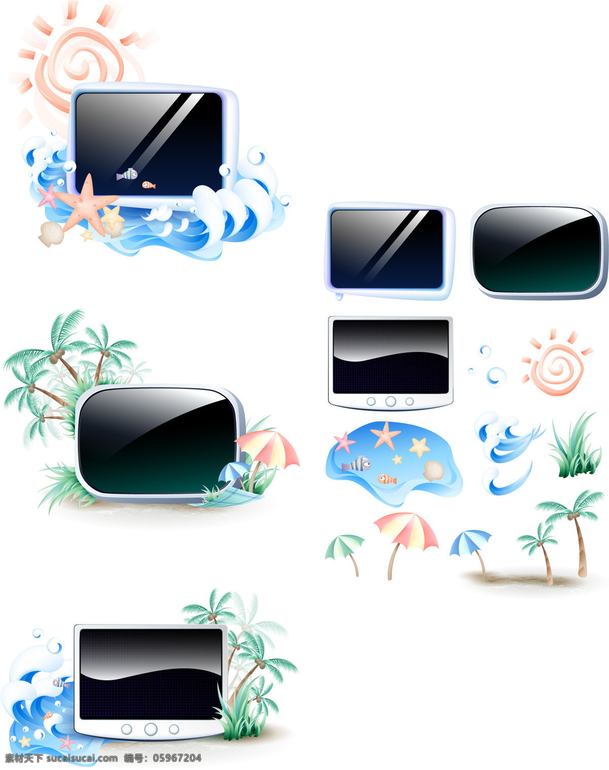 潮流 夏天 海滨 矢量 ai格式 贝壳 潮流纹样 浪花 椰树 矢量图 其他矢量图