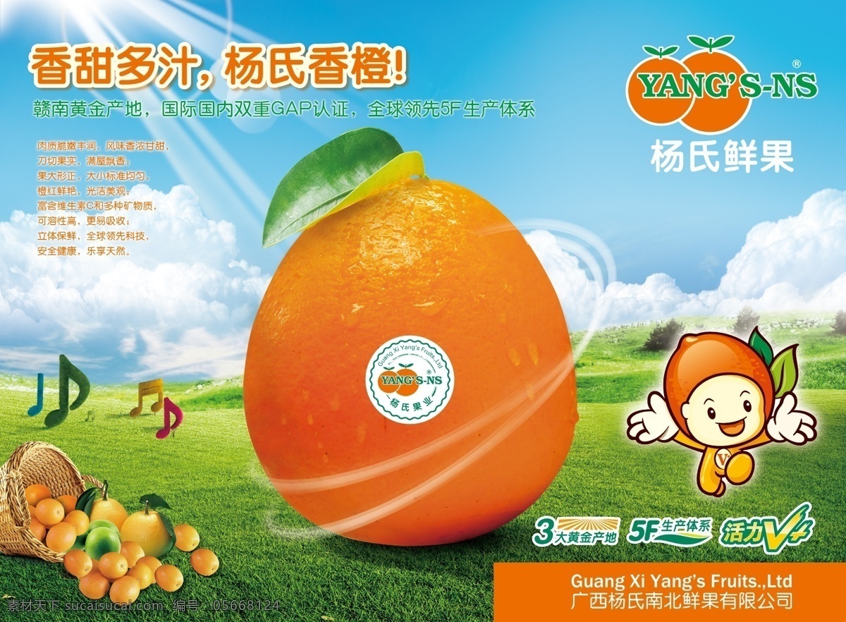 杨氏脐橙海报 橙子 水果 赣南脐橙 绿草地 晴朗的天空 音符 广告设计模板 源文件