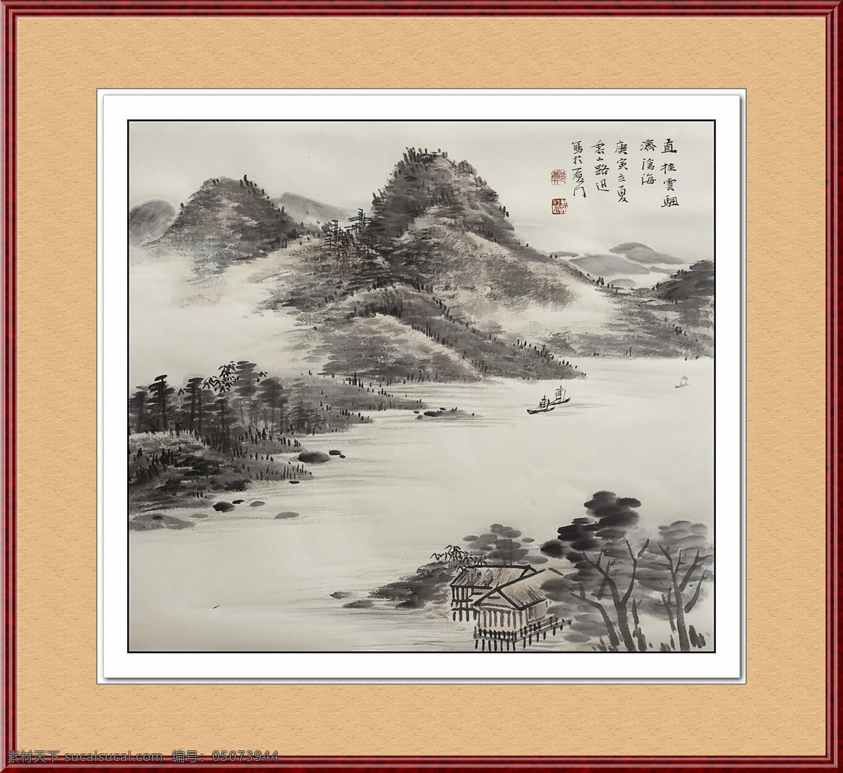 工笔山水画 工笔画 已装裱 字画 山水画 远山 船只 农村 绘画书法 文化艺术