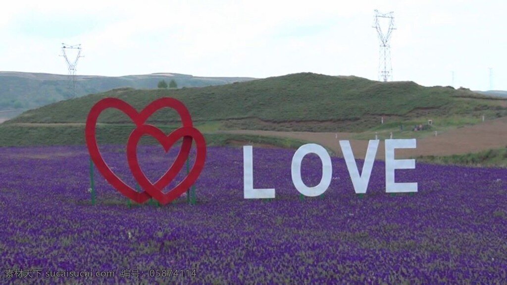 爱的背景视频 红色双心 白色英文字母 绿色草地 紫色的花 山影