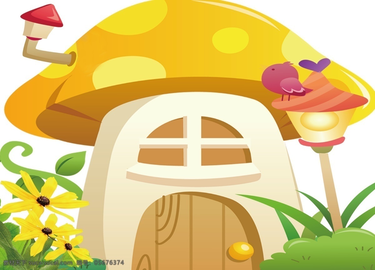 卡通房子 小鸟 卡通 蘑菇房子 幼儿 少儿 花 草 分层 源文件