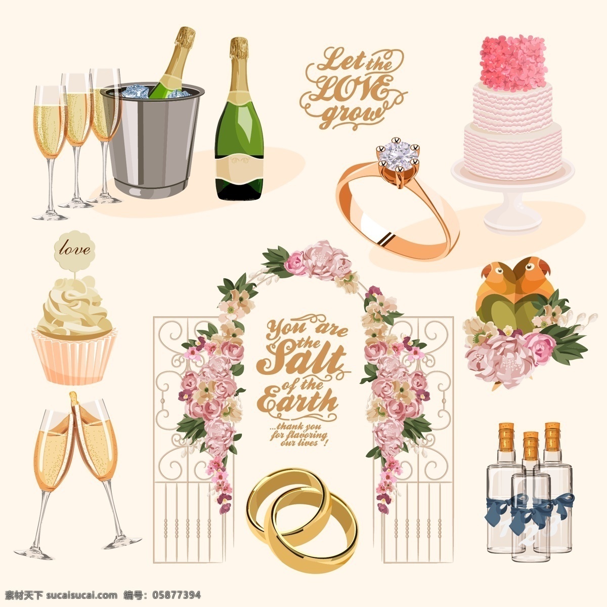 唯美 时尚 结婚 用品 插画 蛋糕 花朵 香槟