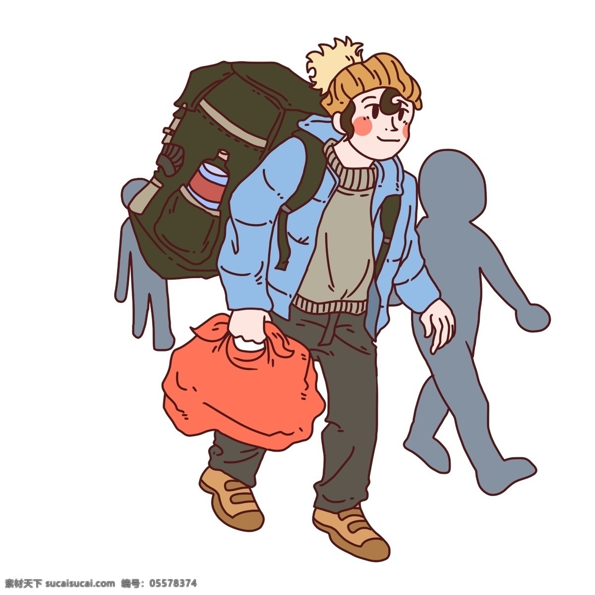 手绘 背着 行李 人物 插画 行李包 男孩 红色 行人 插图 春运回家插画 春运插图 暖帽子 蓝色外套