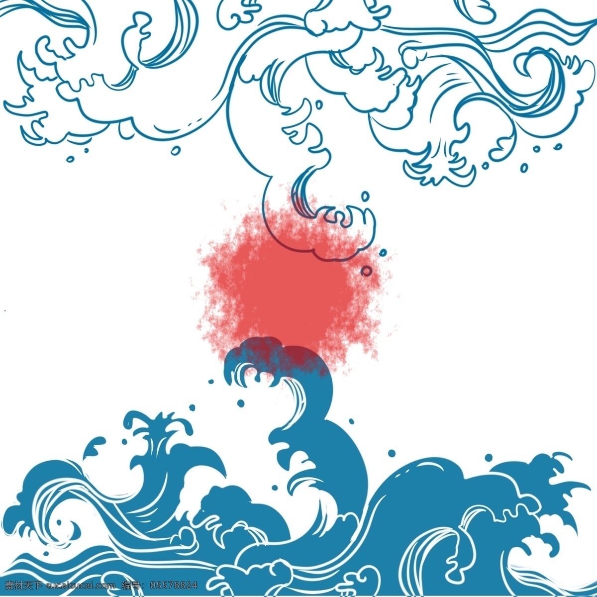 浪花 传统 古典 手绘 蓝色 日 系 底纹 图案 端午 元素 海浪 浪水 复古 日系 背景 花纹 线条 矢量 海水 红日 免抠 大海