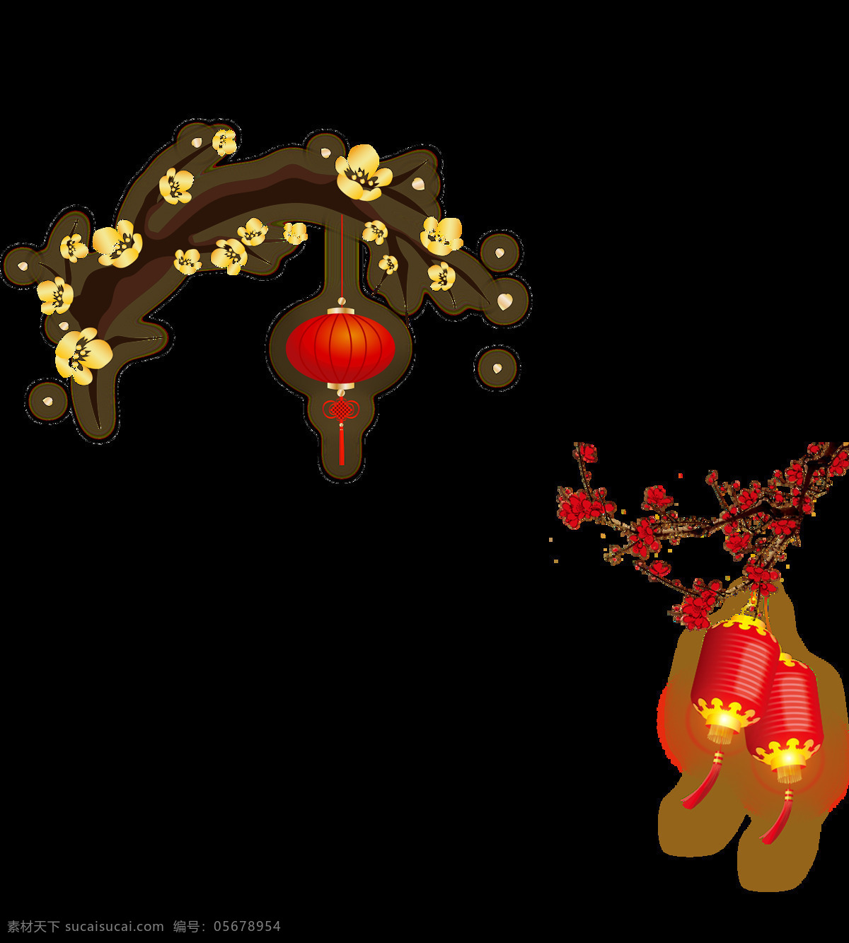 梅花 灯笼 新年 装饰 红色 金色 卡通 手绘