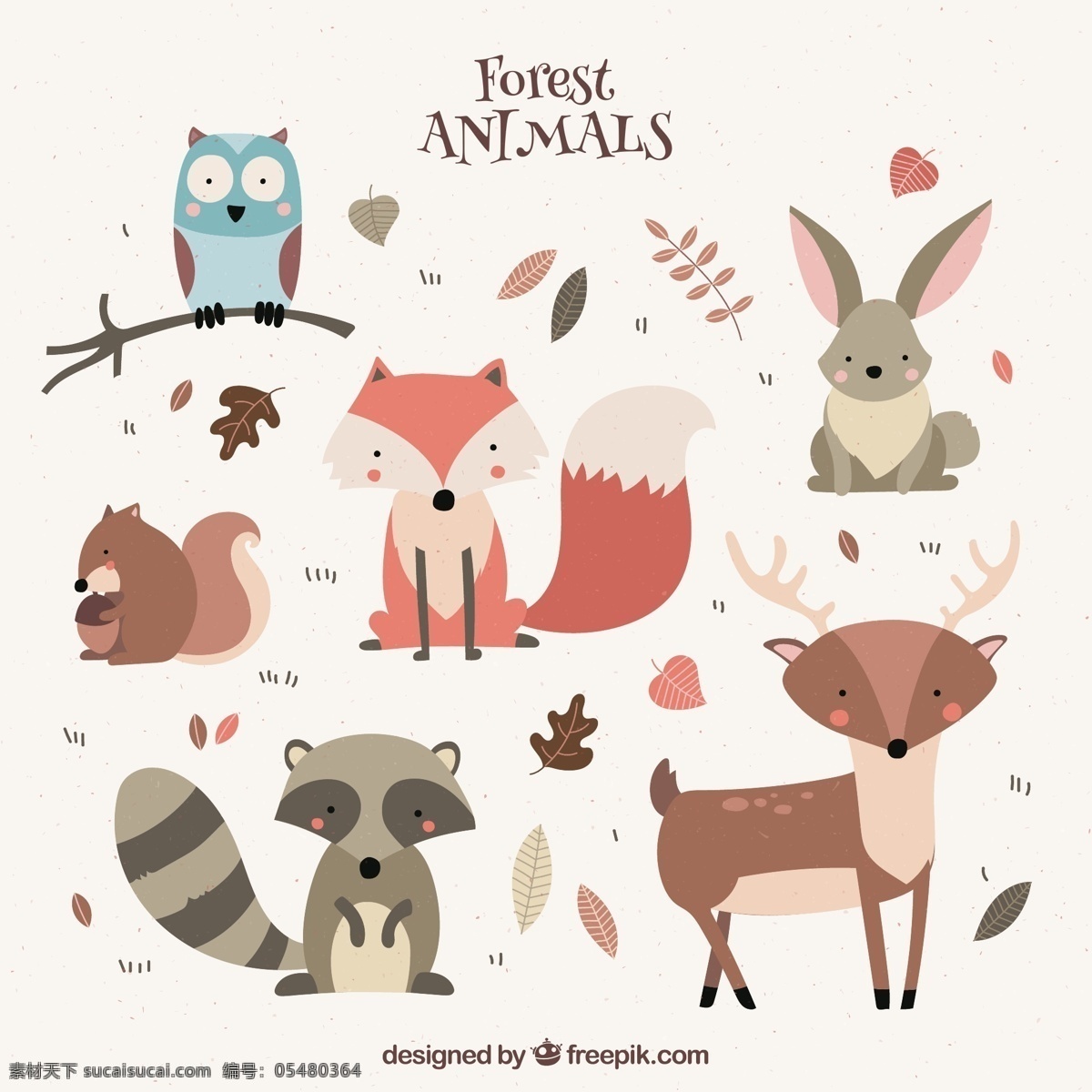 款 彩绘 森林 动物 矢量图 卡通 可爱 彩色 猫头鹰 兔子 狐狸 麋鹿