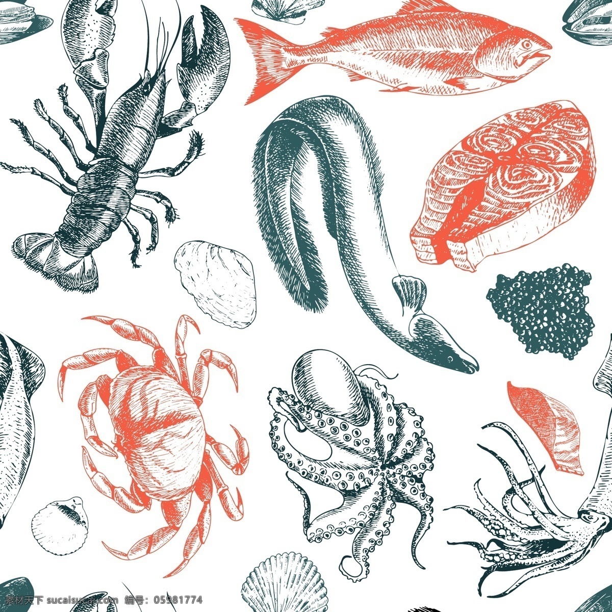 海洋手绘插图 海洋 彩色 螃蟹 矢量素材 设计素材 生物 章鱼