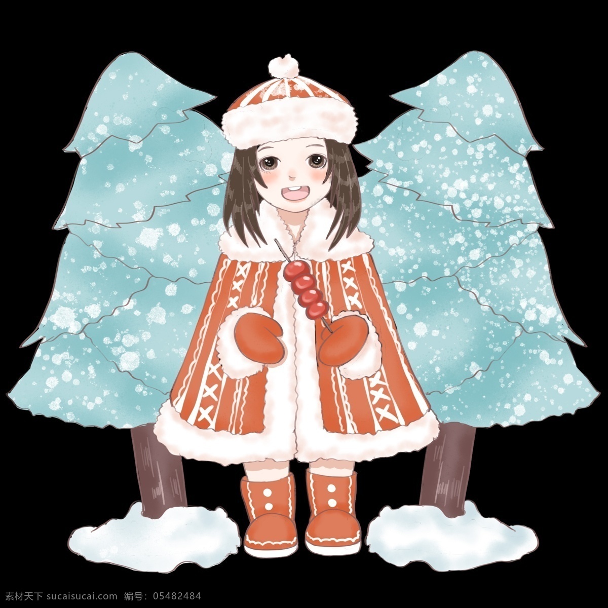 手 糖葫芦 小女孩 绿色的树木 至五壮士 红色的糖葫芦 寒冷的冬天 白色的雪花