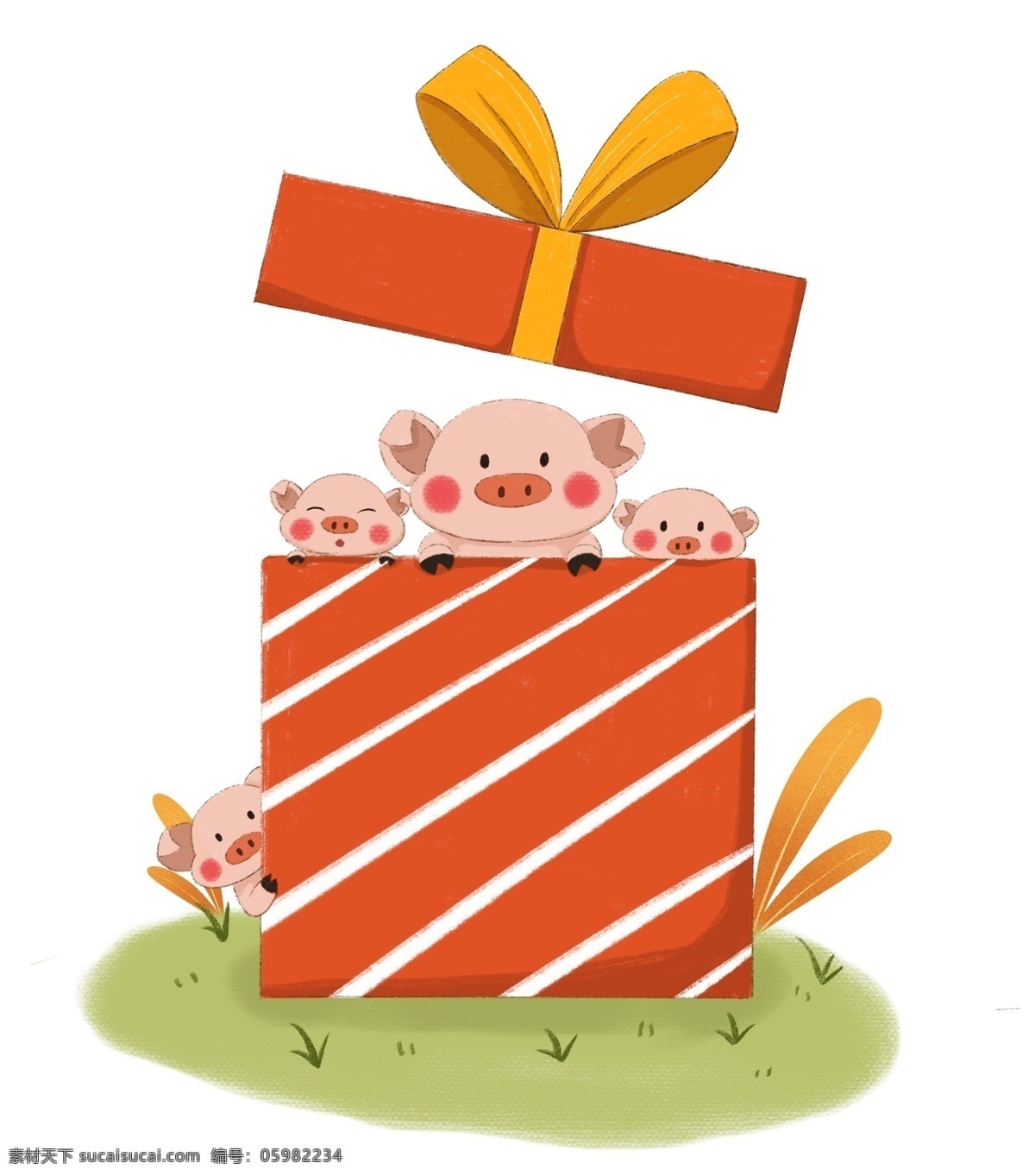 手绘 小 清新 猪年 礼盒 里 可爱 猪 新年 礼盒里的猪 可爱的猪 小清新猪 手绘卡通 动物 手绘动物 粉红猪 蝴蝶结 植物 草地