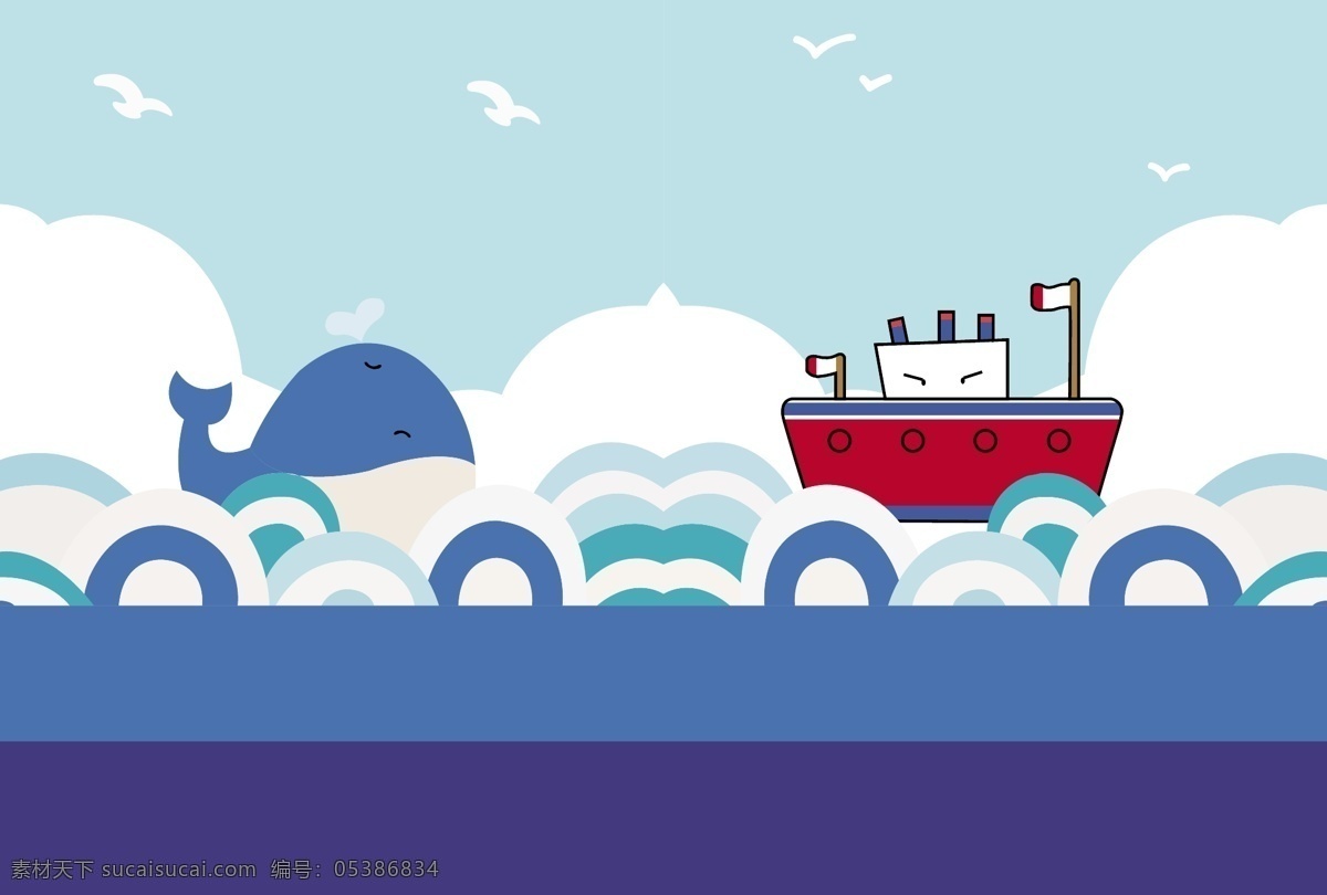 矢量 卡通 船 鲸鱼 手绘 海浪 自然景观 自然风光