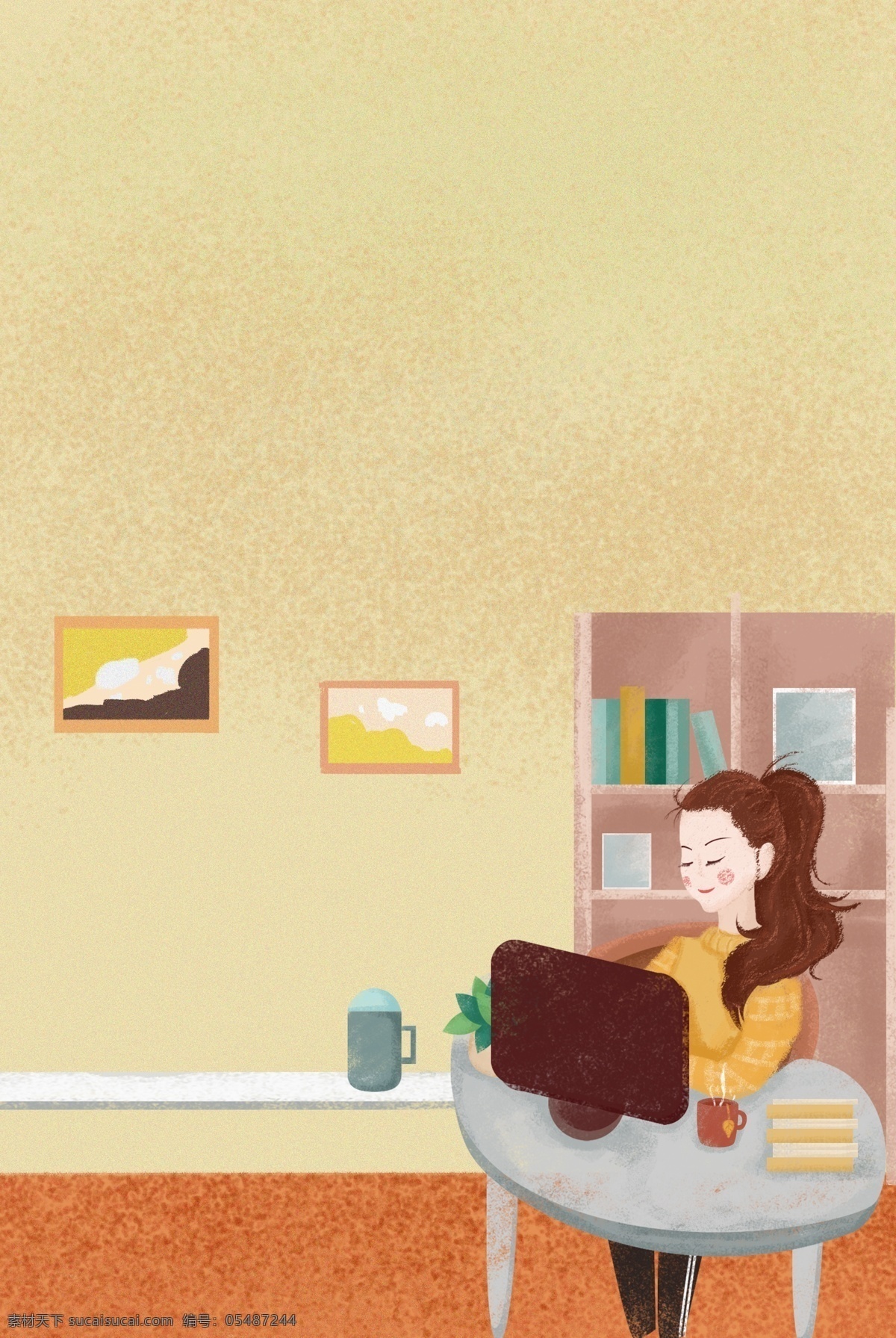 家居 办公 商务 手绘 插画 海报 书柜 女孩 人物 金融 插画风 促销海报