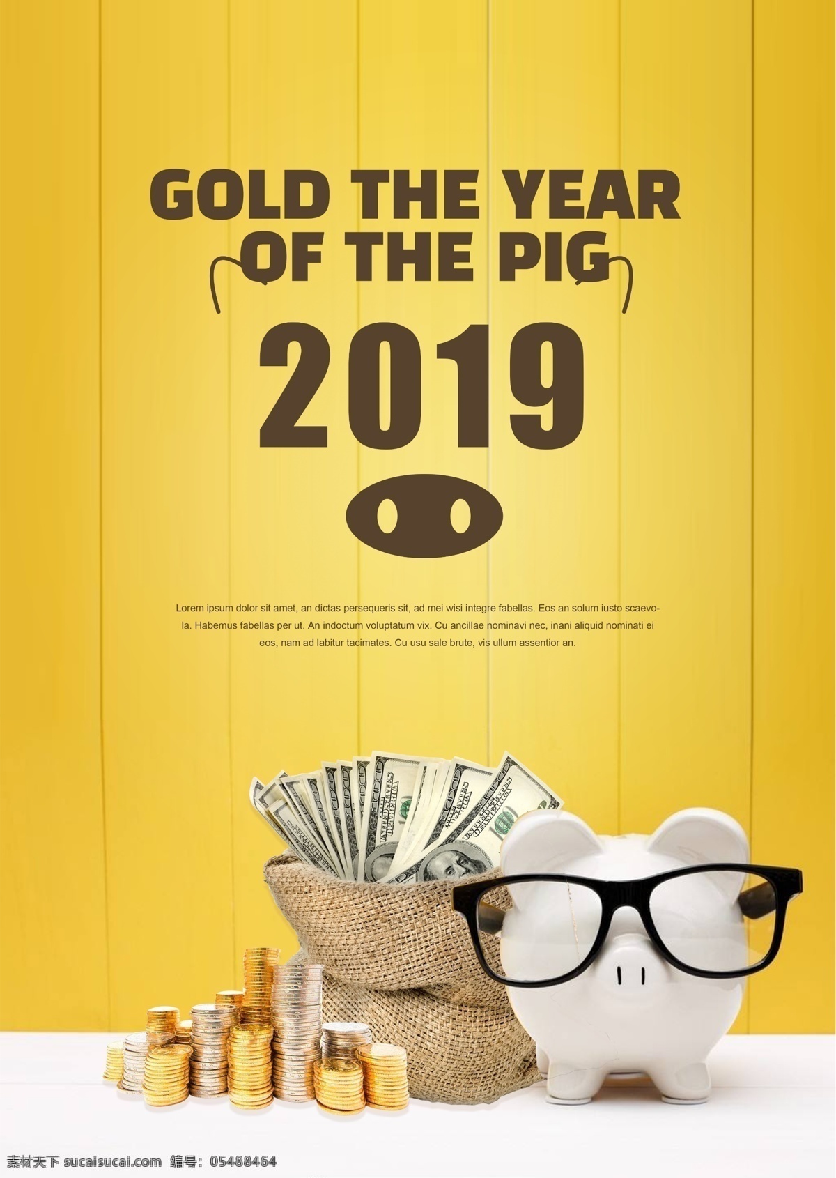 黄色 简单 猪年 幸运 联络 海报 二千一十九 卡通猪 祝好运 新年的海报 金币 钱