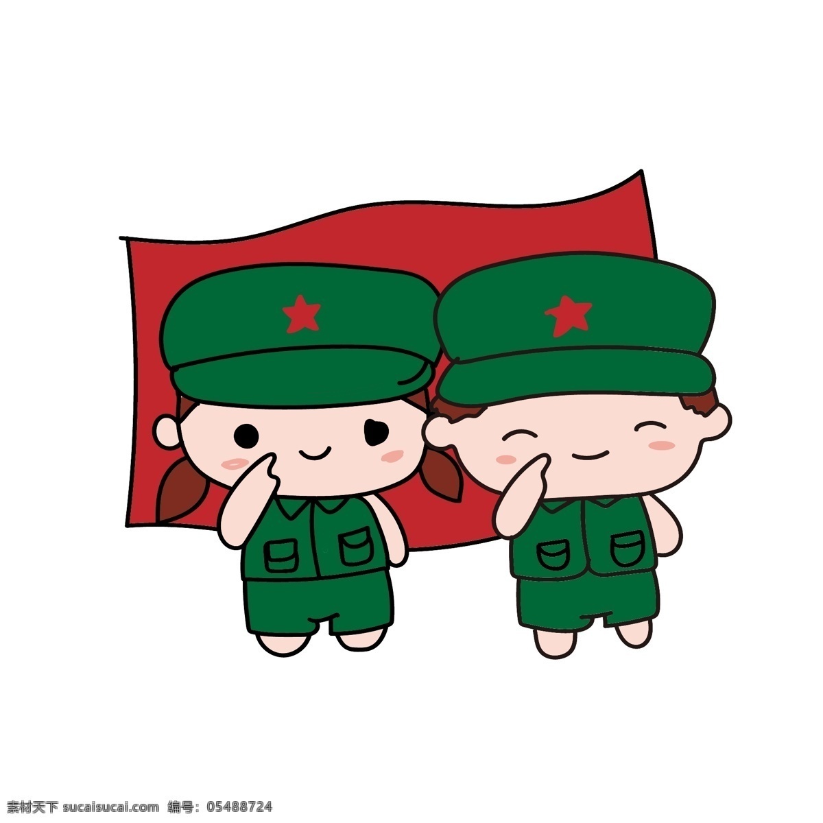 红旗 前 敬礼 小朋友 绿色军装 可爱的小朋友 小孩 插画 红星绿色军帽 改革开放 国庆 国旗
