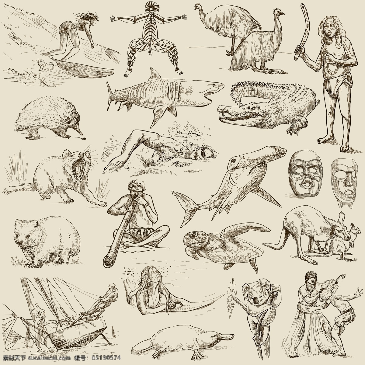 澳大利亚 原始人 古生物 远古 人 原始 矢量人物 手绘素描 人物矢量素材 妇女女性 矢量