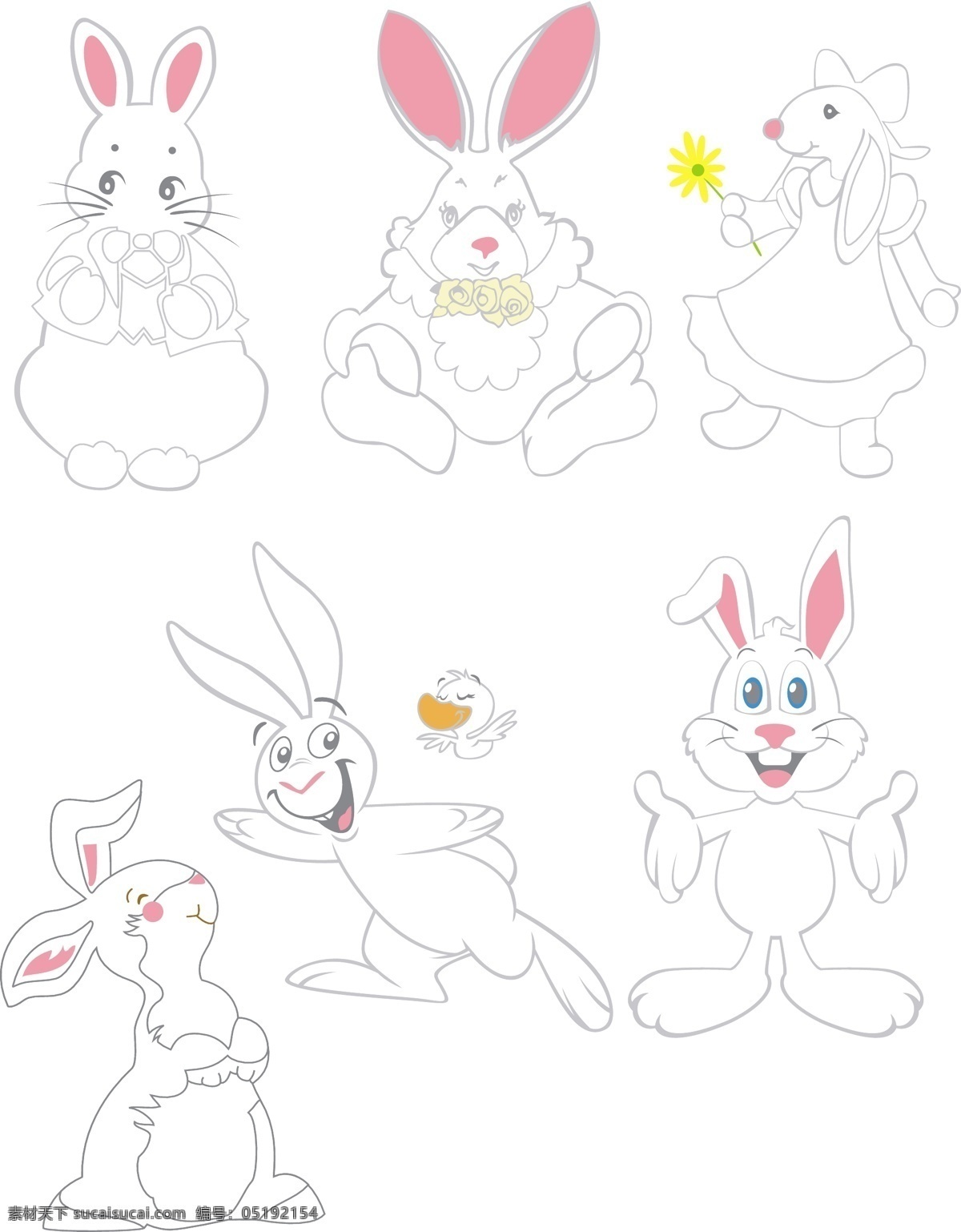 卡通 兔子 矢量 动物 蝴蝶结 花朵 漫画 模板 设计稿 素材元素 图案 线描 鸭子 源文件 矢量图