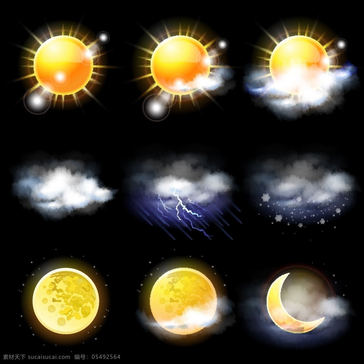 天气图标 太阳 月亮 云彩 闪电 圆月 天气 预告 预报 图标 手绘 矢量 图标矢量主题 小图标 标识标志图标