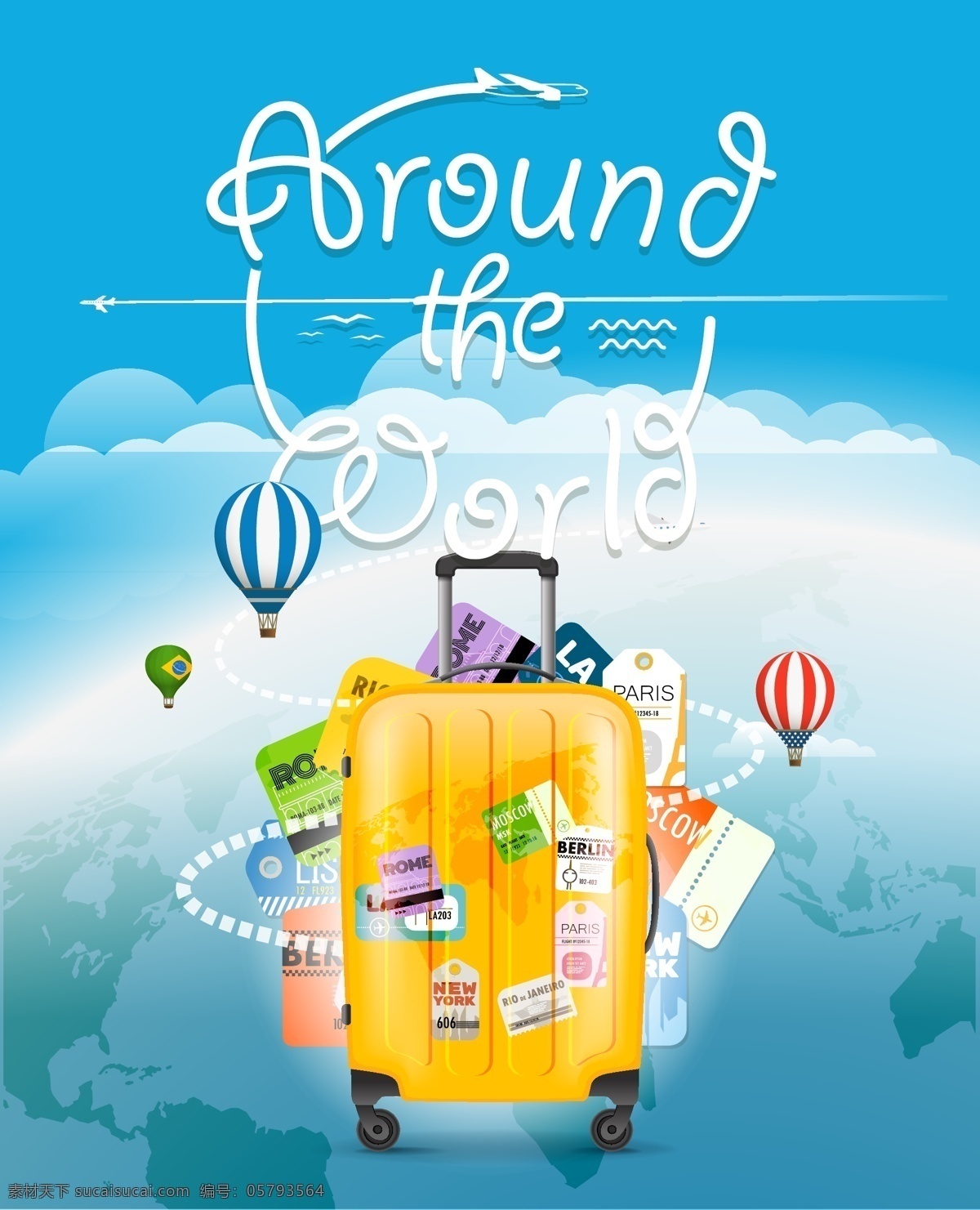 黄色 行李箱 世界地图 背景 矢量