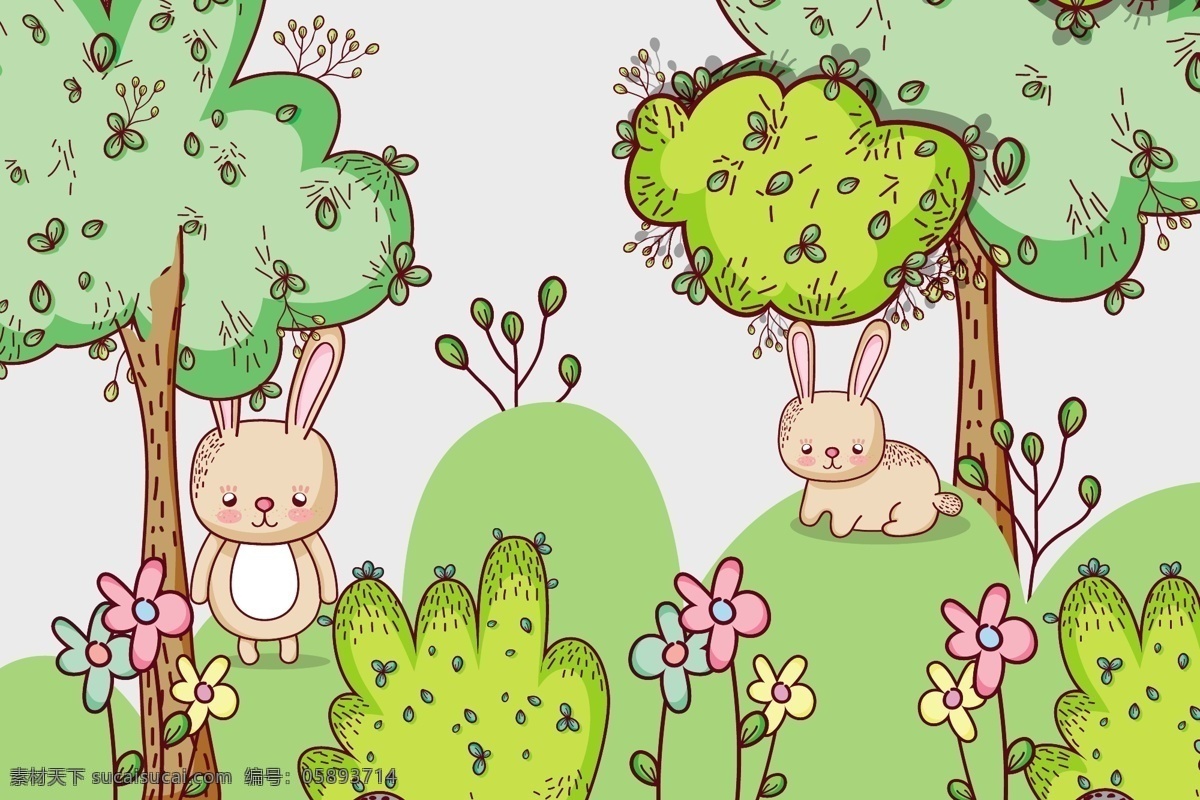 手绘 可爱 治愈 系 森林 兔子 插画 治愈系 卡通插画 移门图案
