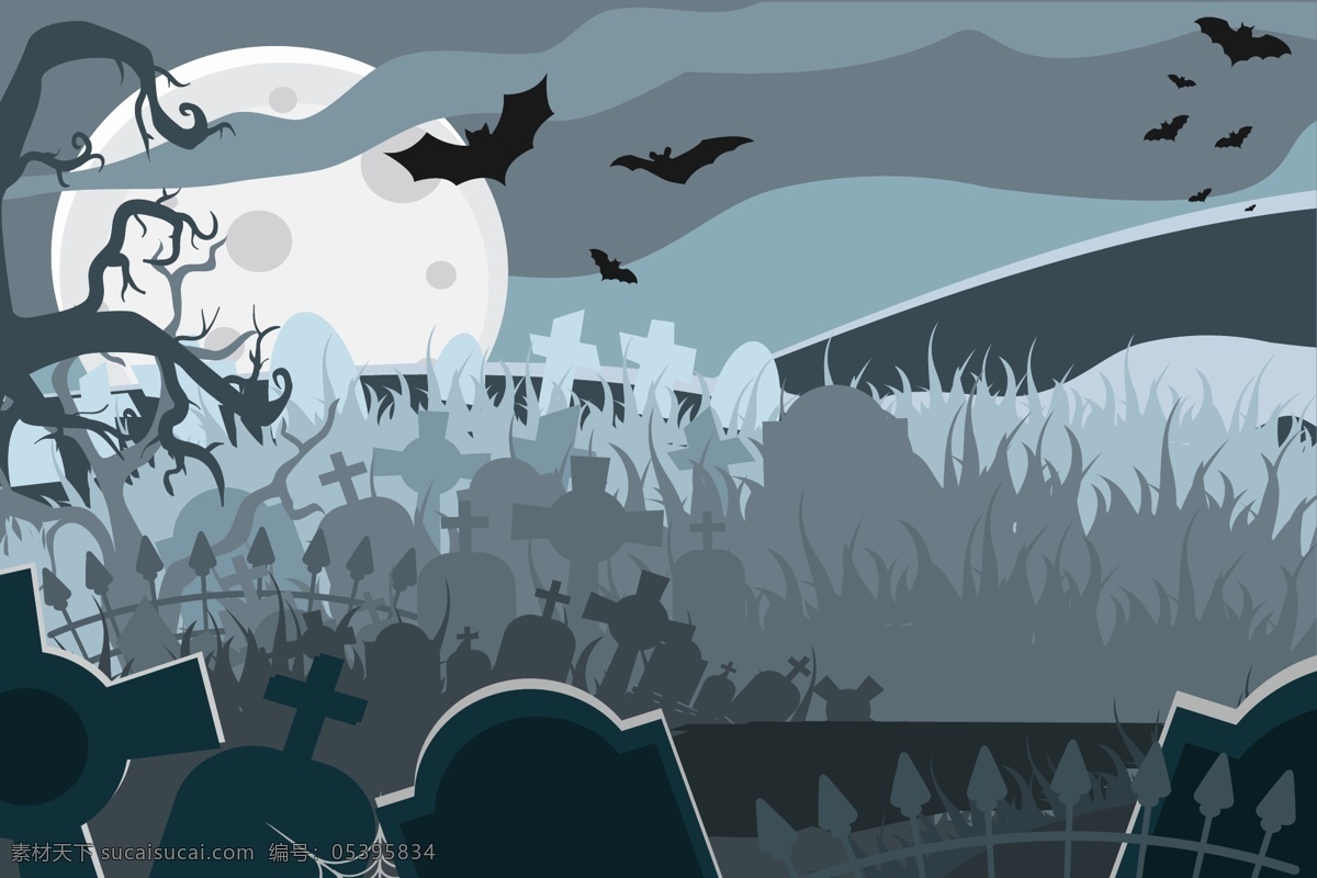 夜晚 墓地 蝙蝠 背景 ai格式 广告 海报 害怕 恐怖 满月 树林