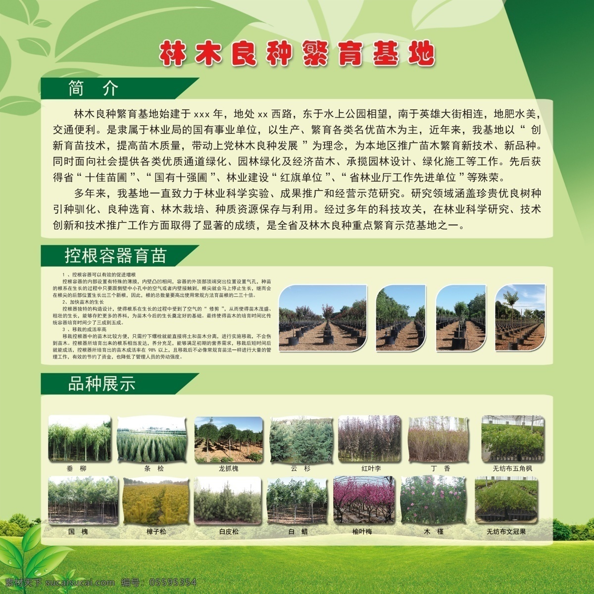 林木 良种繁育 基地 基地简介 绿色版面 版面 展板 控根容器育苗 树苗品种展示 展板模板