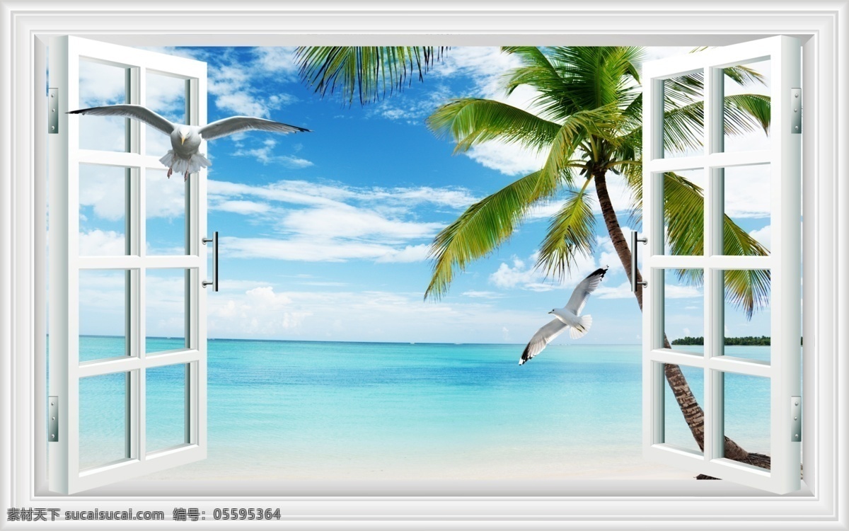 窗外 海景 海滩 椰子树 窗户 壁纸 壁画 海鸥 影视背景墙 沙发背景墙 窗帘 移门 蓝天 白云 现代背景墙 分层 电视背景墙