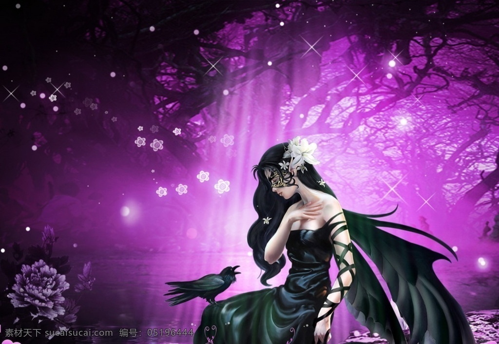 童话故事 乌鸦 女巫 女巫与乌鸦 巫婆 魔法 童话 生命 星光 神秘 美女 唯美 女孩 公主 树林 蝙蝠 女杀手 面具 动漫 插画 共享素材 分层