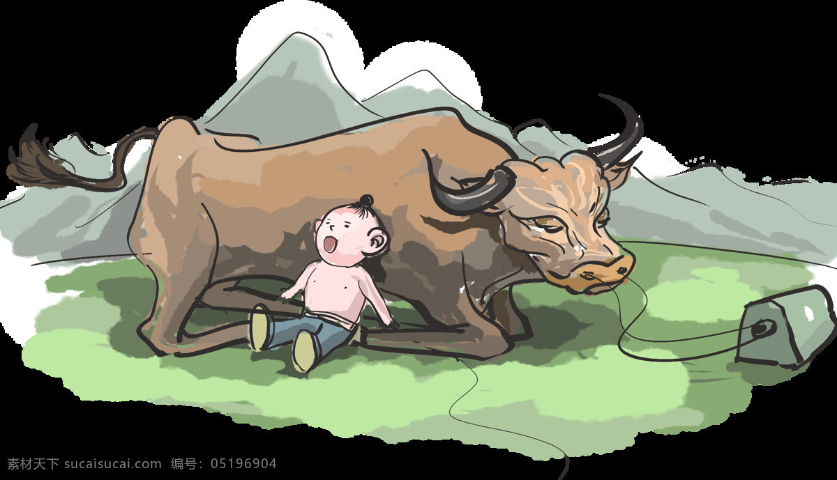 卡通 放牛娃 放牛 儿童 假山