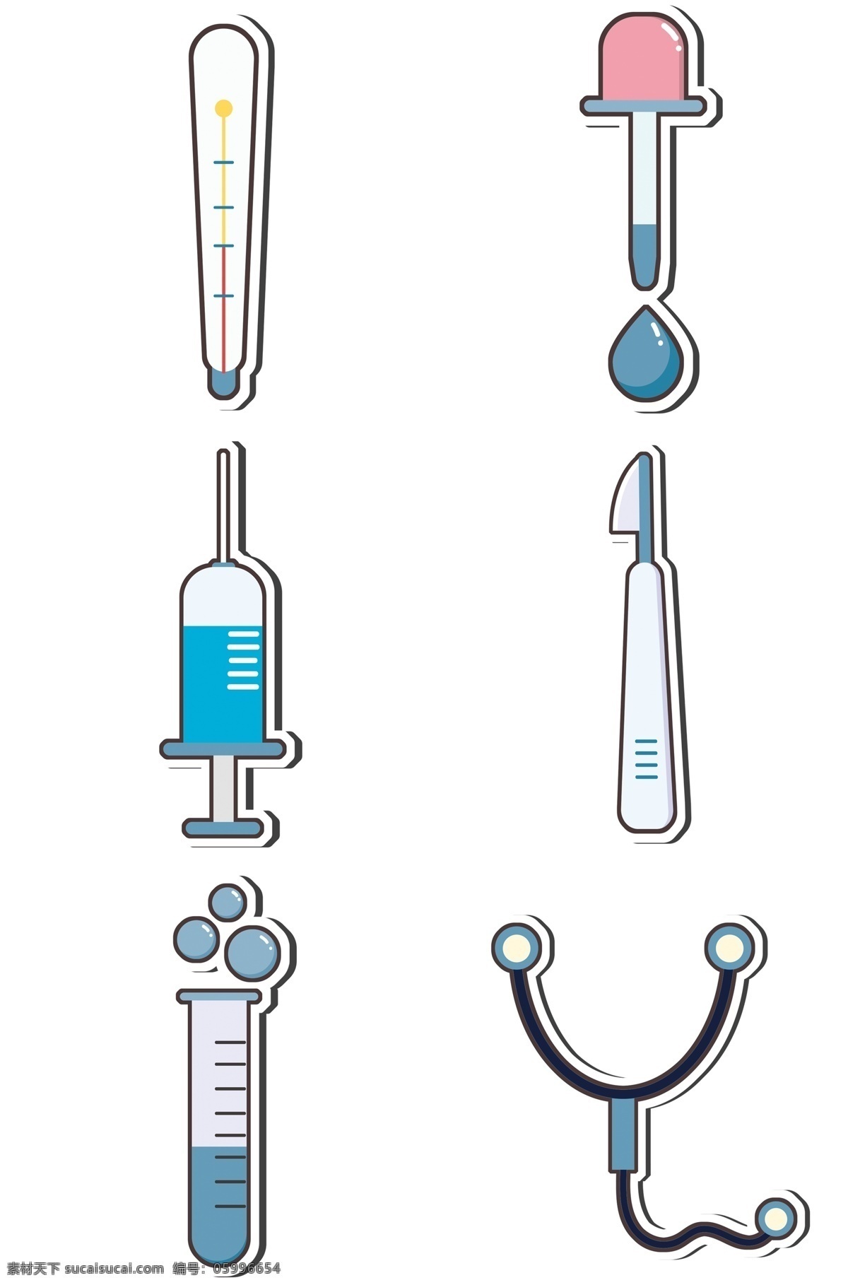 卡通 医疗 工具 套 图 医疗工具 温度计 滴管 听诊器 手术刀 针筒 试管