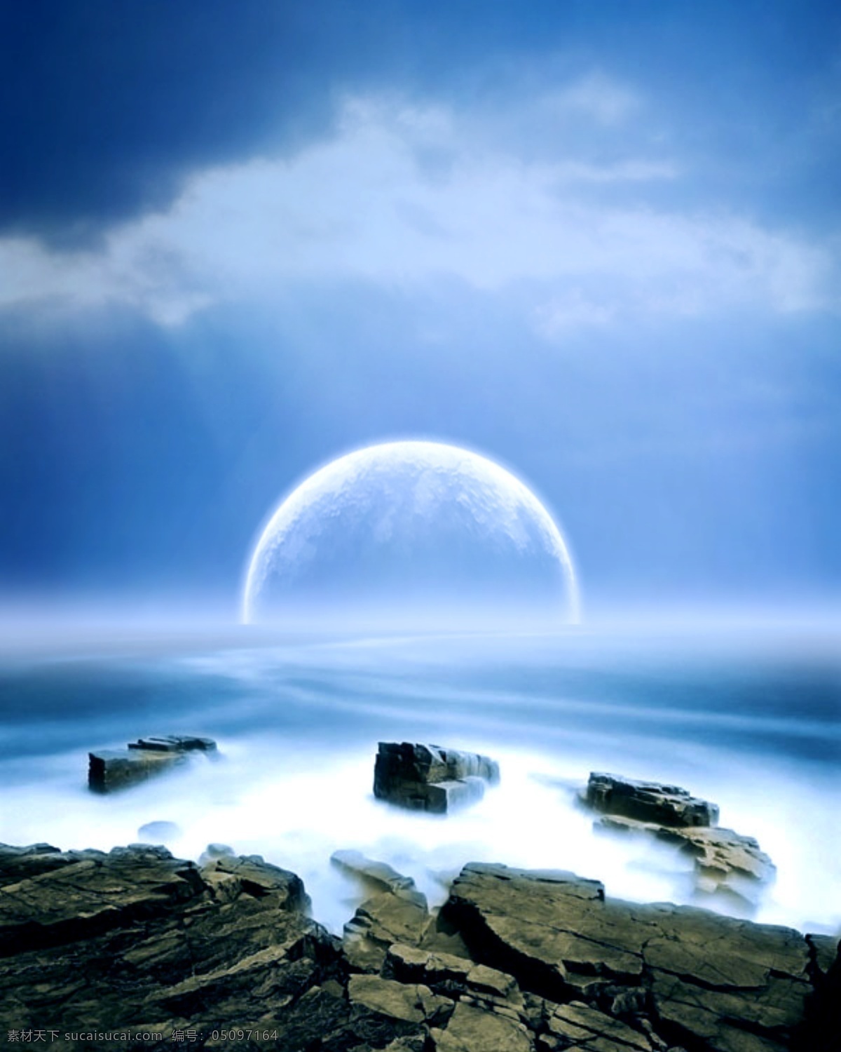 海上明月 月亮 大海 蓝色 岩石 唯美 光束 白云