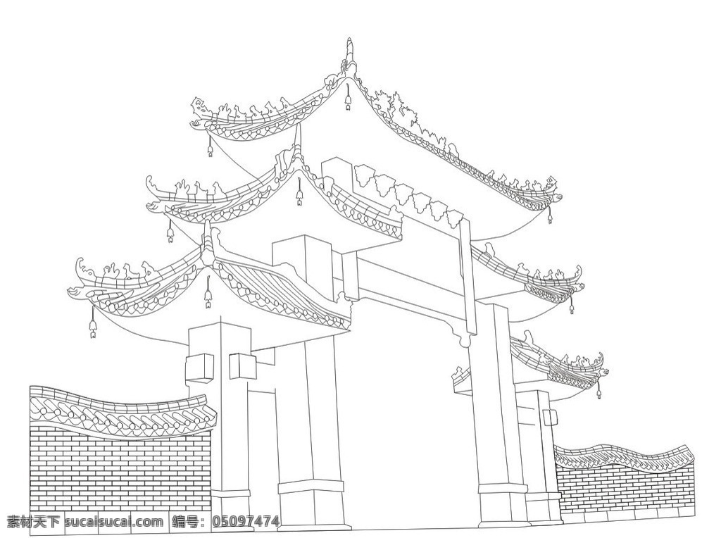 古建筑线描图 线描图 古建筑 大门 围墙 传统建筑 建筑家居 矢量