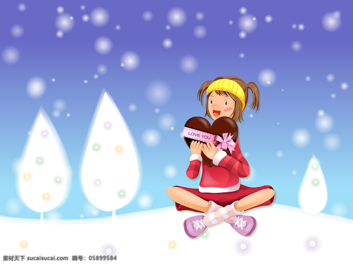 爱心 巧克力 女孩 白雪 树木 插画集