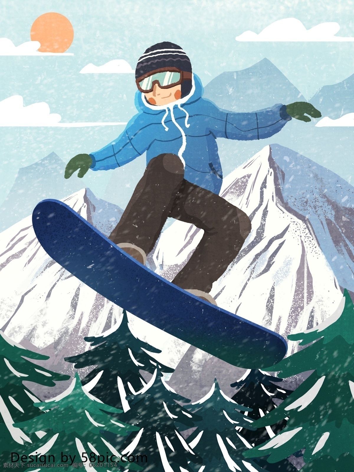 少年 山中 滑板 滑雪 肌理 写实 原创 手绘 插画 滑板少年 少年滑雪 滑雪场景 山中滑雪 原创手绘 户外滑雪