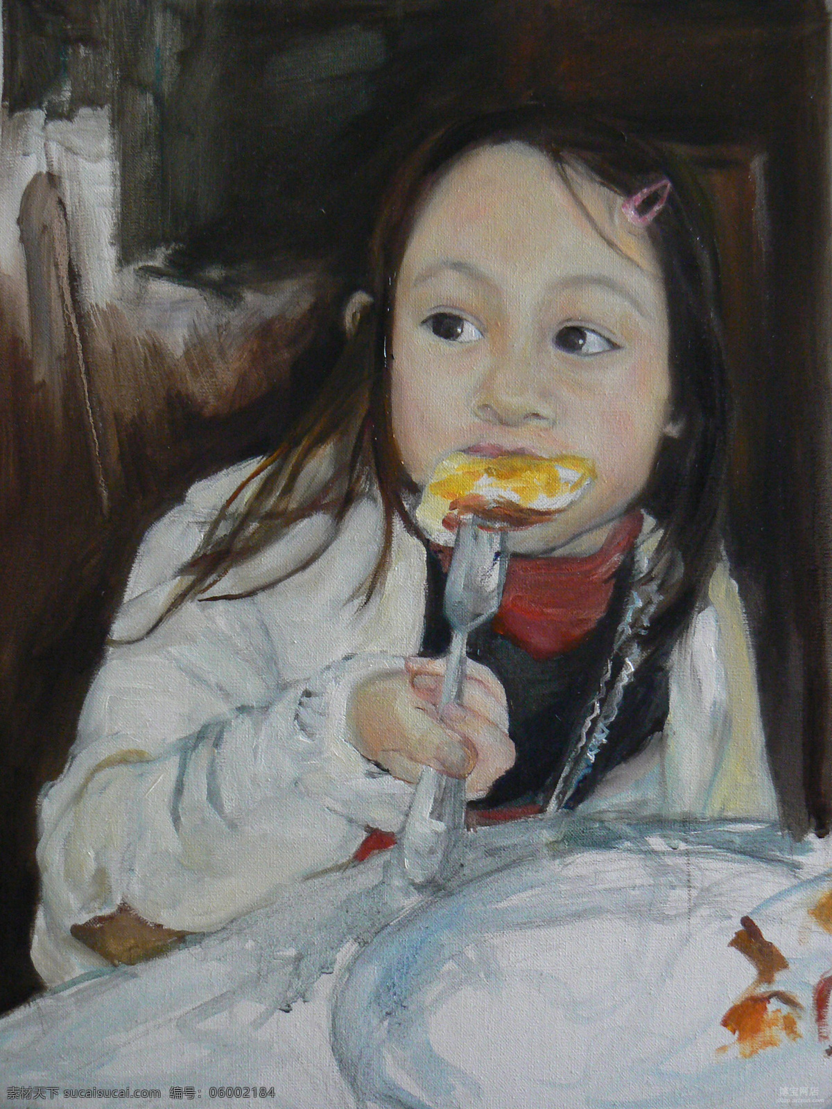 吃 煎 鸡蛋 东方 小女孩 油画 东方人物 绘画 文化艺术 世界名画 书画文字