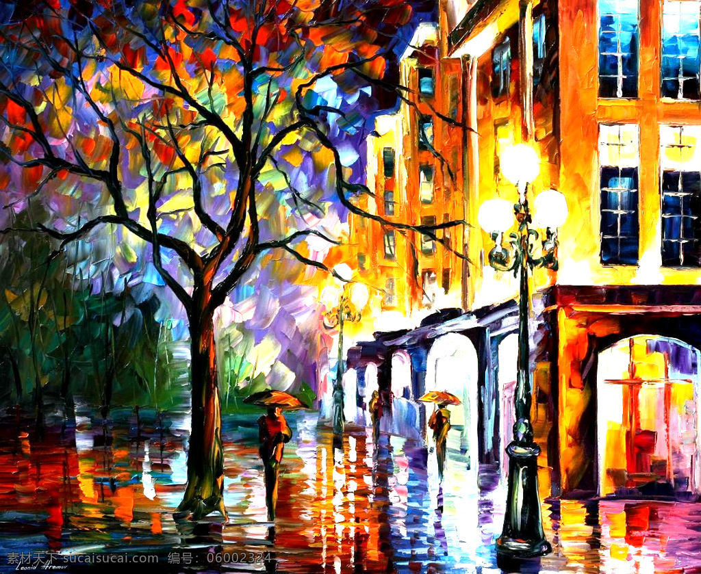 艺术 油画 风景画 色彩 夜晚 下雨 街景 路灯 书画文字 文化艺术 黑色