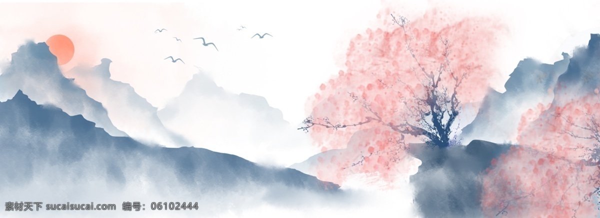 中国 风 手绘 樱花 水墨 风景 山水画 背景 中国风 手绘樱花 水墨风景 复古 水墨山水 大雁 樱花树