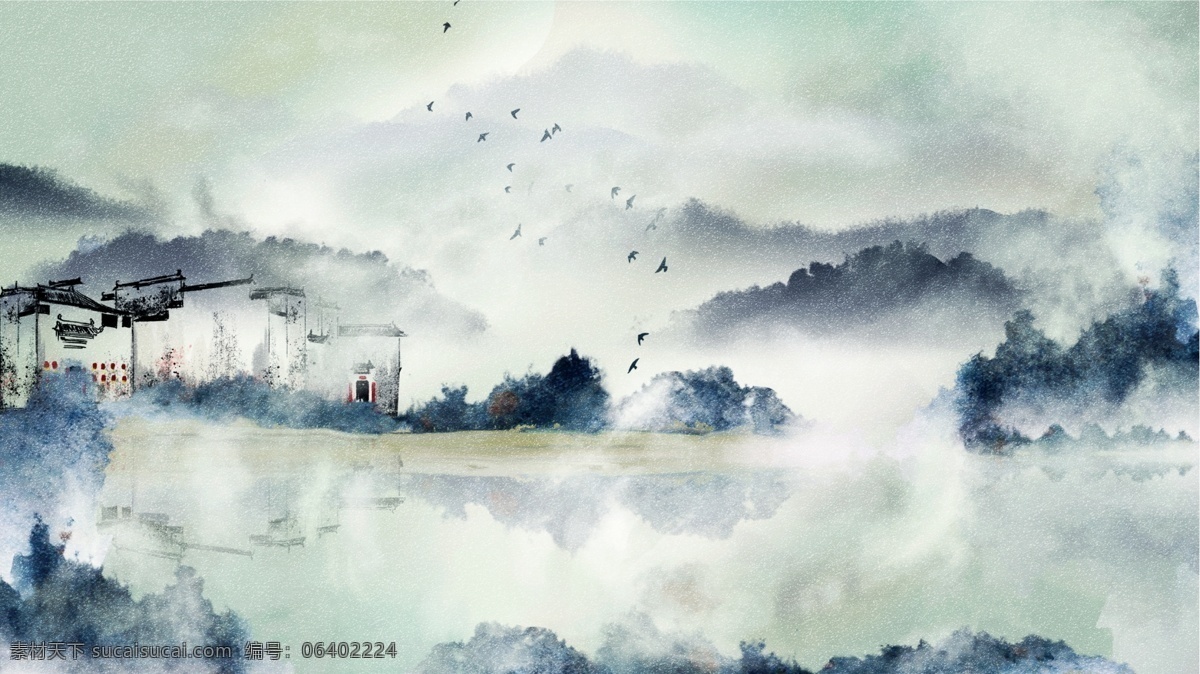 优雅 古典 古风 中国 风 水墨 背景 山水 插画 简约 插图 桌面壁纸 高山流水 配图