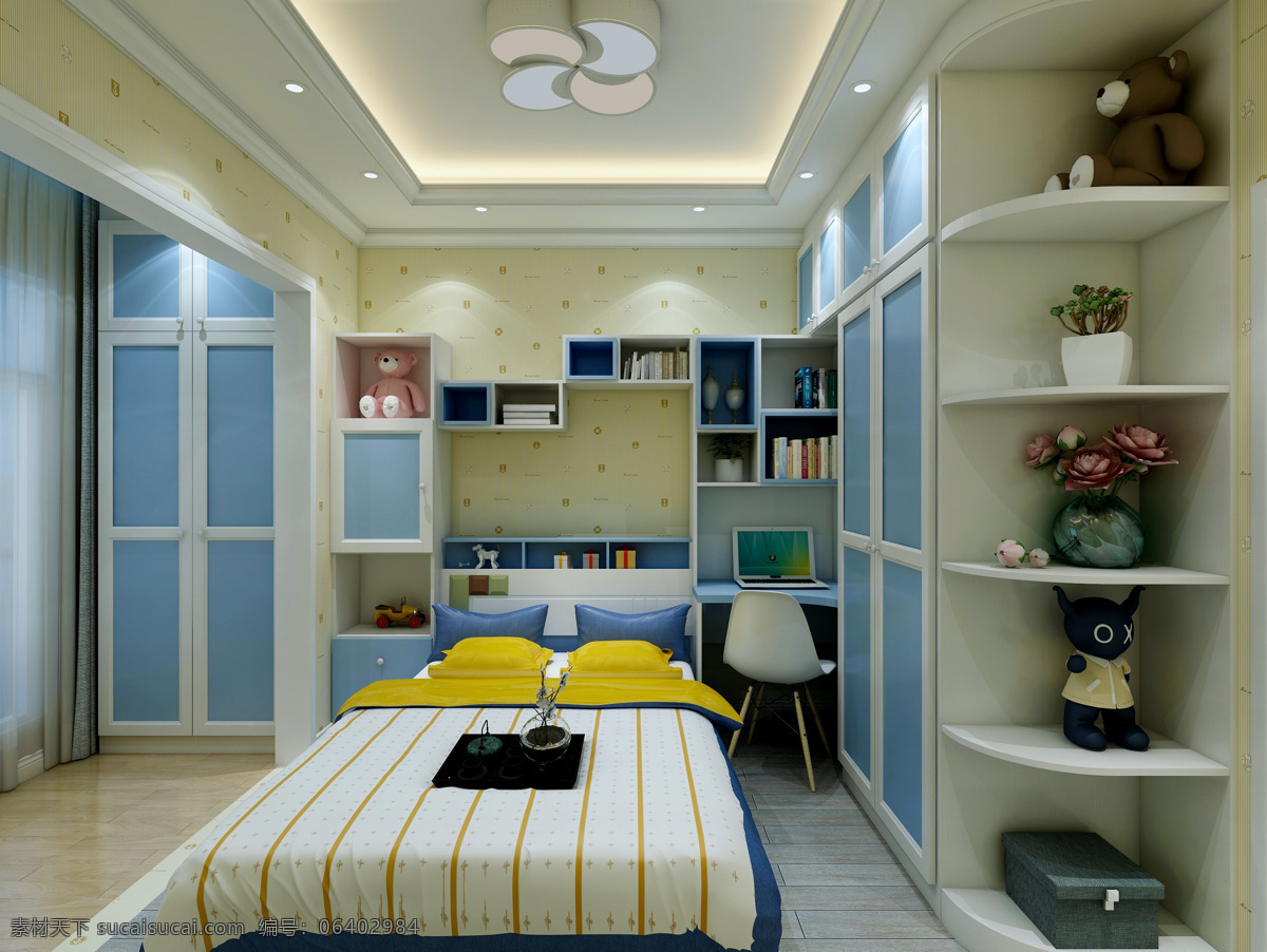 儿童房 卧室 床头柜 书柜 衣柜 效果图 3d设计 3d作品