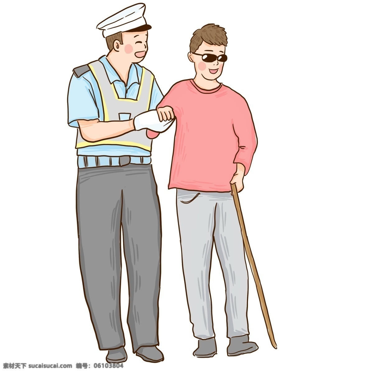 帮助 盲人 马路 警察 漫画 商用 元素 卡通 人物 插画 墨镜 国际残疾人日