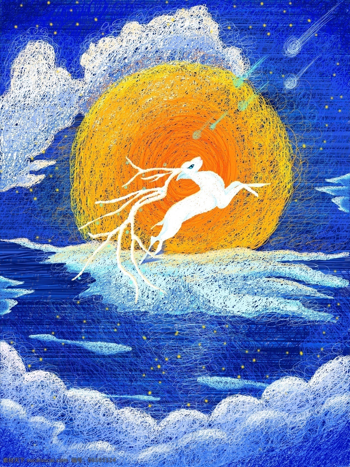线圈 印象 梦幻 星空 追 鹿 流星 原创 插画 梦幻星空 圆月 夜空 云朵 追月的鹿 线圈印象