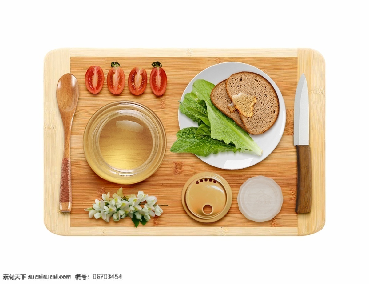 厨房 案板 餐具 展示 刀具 盘子 食物 面包 水果 蔬菜 美食 厨具 勺子