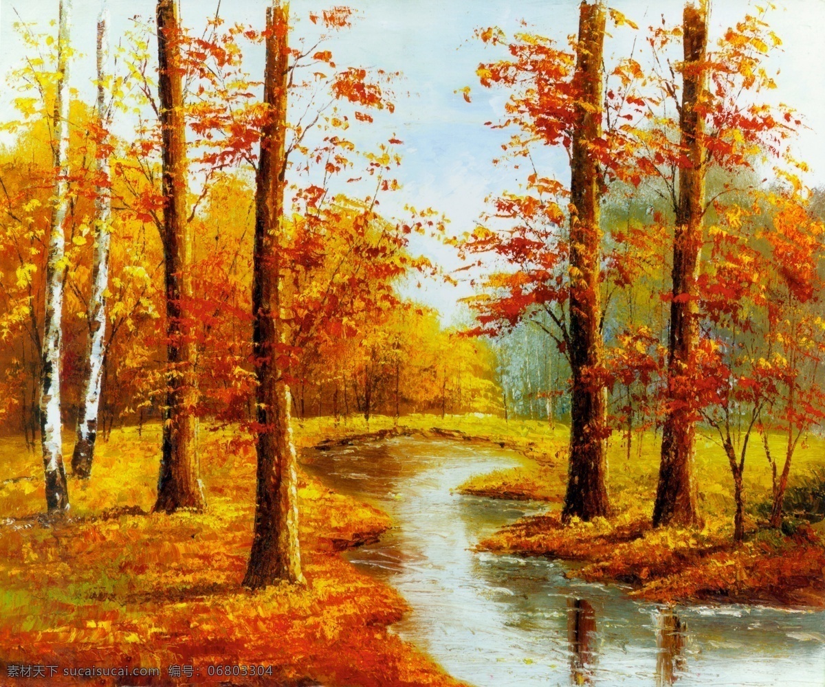 油画风景 油画 风景 红叶 湖水 油画素材下载 树 枫叶 绘画书法 文化艺术
