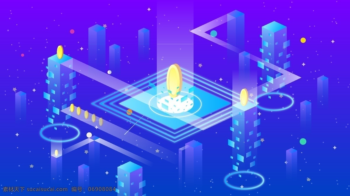 d 区块 链 金融 商务 未来 科技 插画 手机 微信 banner 区块链 概念 星空 探索 智能 办公 电子 金币 2.5d 25d 微博 配图 头图 闪屏 启动
