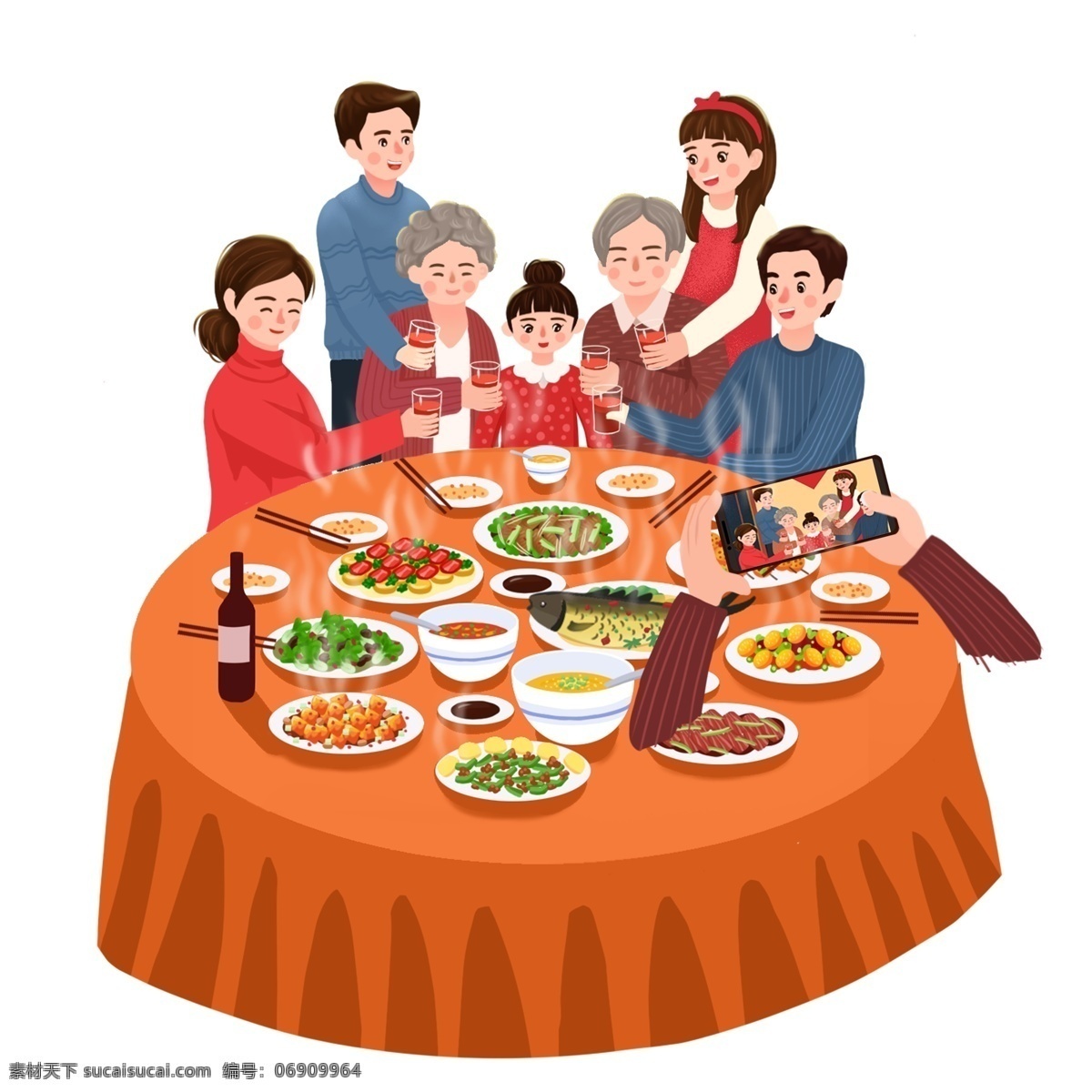 家庭聚会 聚餐 吃饭 食物 家宴 团员 中秋 过年 春节 元素